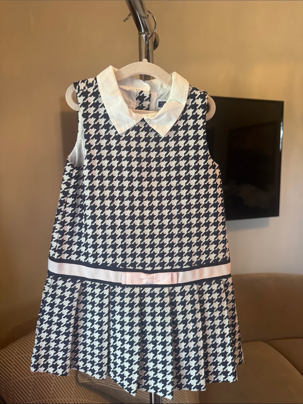 Janie and Jack Navy and White Houndstooth Dress with Peter Pan Collar